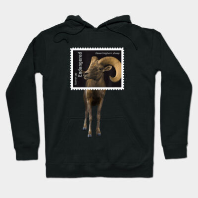 Black hoodie with desert bighorn sheep stamp design, featuring "Endangered" text. Casual style, cotton material.