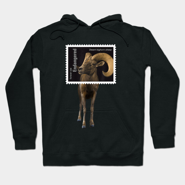 Black hoodie with desert bighorn sheep stamp design, featuring "Endangered" text. Casual style, cotton material.