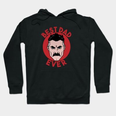 Black "Best Dad Ever" graphic hoodie, featuring bold red text and design, perfect for Father's Day or casual wear.