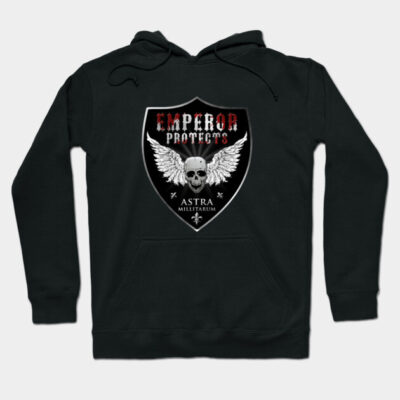 Black hoodie with winged skull emblem and text design, ideal for casual wear, cotton material.