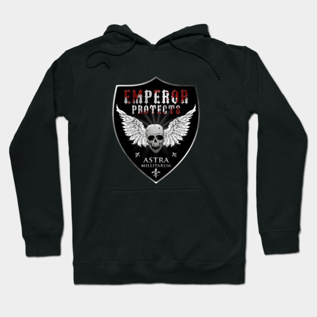 Black hoodie with winged skull emblem and text design, ideal for casual wear, cotton material.