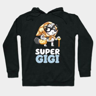 Black hoodie with "Super Gigi" cartoon design, featuring a playful character, ideal for casual wear.