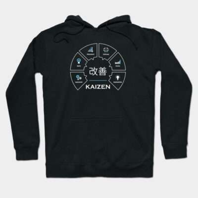 Black Kaizen hoodie with graphic design, featuring motivational elements; comfortable cotton blend, unisex style.