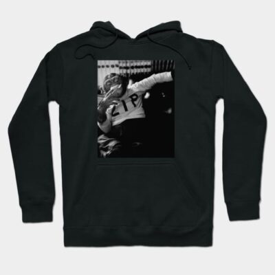 Black hoodie with "ZIP" print, featuring a monochrome photo design, perfect for casual wear, cotton blend.