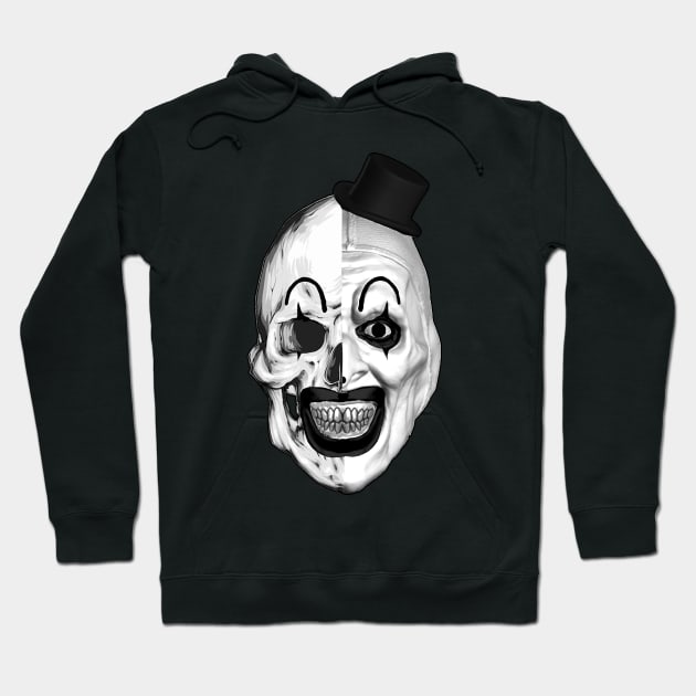 Black hoodie featuring a creepy skull design with a top hat, perfect for Halloween or casual wear, cotton material.