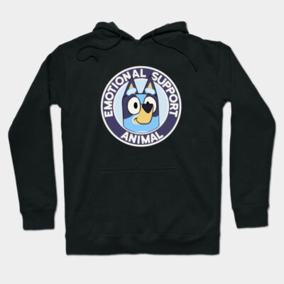 Black hoodie with "Emotional Support Animal" design, featuring a cartoon character in blue. Cozy and stylish casual wear.