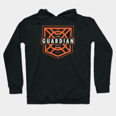 Black hoodie with orange "Guardian" graphic design, casual style, cozy cotton material, perfect for everyday wear.