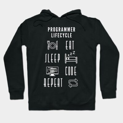 Black hoodie with "Programmer Lifecycle" text and icons for eating, sleeping, coding, and repeating. Casual and cozy.