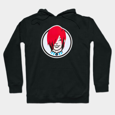 Black hoodie with bold graphic design featuring red and white colors, ideal for casual wear, cotton blend material.