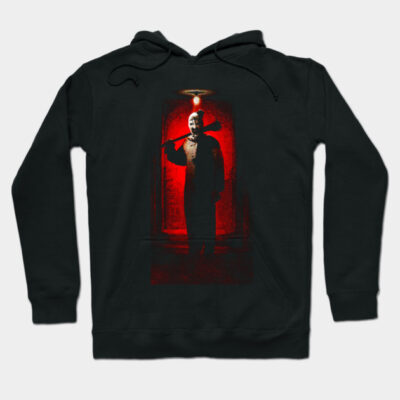Black hoodie with bold red graphic design, featuring a dramatic silhouette. Cozy cotton material, perfect for cool weather.
