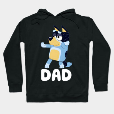 Black hoodie with playful cartoon dog design and "DAD" text, perfect for casual wear and gifting.
