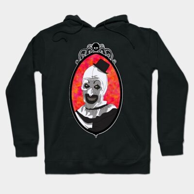 Black hoodie with spooky clown graphic, red background, unisex style, perfect for Halloween or casual wear. Cotton blend.