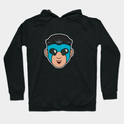 Black hoodie with a colorful superhero face graphic, featuring a front pocket and adjustable drawstrings, ideal for casual wear.