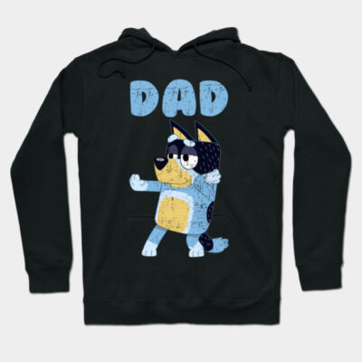 Black hoodie with playful cartoon dog design and "DAD" text, perfect for casual wear and gifting.