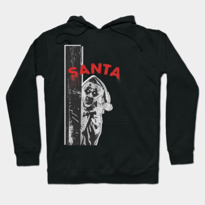 Black cotton hoodie with spooky Santa Claus graphic, red text design. Perfect for holiday fashion or casual wear.