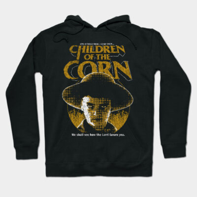 Black "Children of the Corn" hoodie with vintage horror graphic design, cotton material, unisex casual wear.