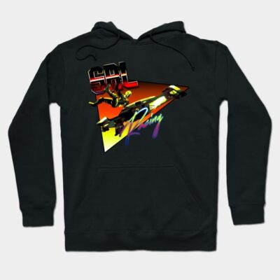 Black hoodie with vibrant racing graphic, featuring bold colors and retro design. Perfect for casual wear.