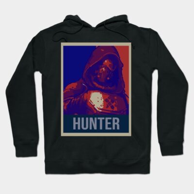 Black hoodie with graphic design featuring "Hunter" text, ideal for casual wear. Comfortable cotton blend material.