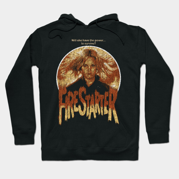 Black "Firestarter" hoodie with graphic design, featuring fiery text and illustration. Cozy cotton blend for casual wear.