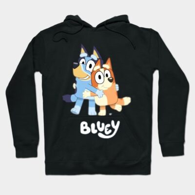 Black hoodie with colorful cartoon characters and "Bluey" text, perfect for casual wear and comfort.