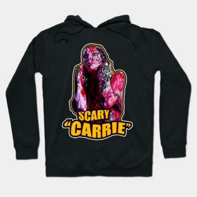 Black hoodie with colorful graphic design and "Scary Carrie" text, perfect for casual wear, made of soft cotton blend.
