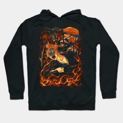 Black graphic hoodie featuring fiery anime design, cotton material, casual wear, ideal for fans and everyday comfort.