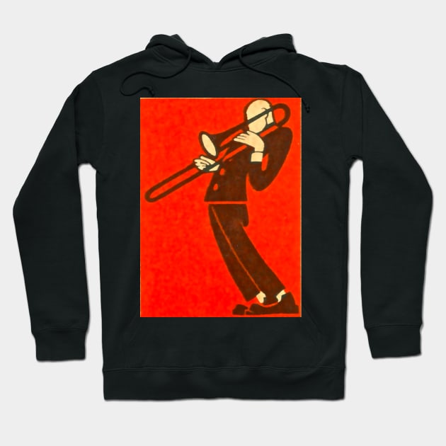 Black hoodie with abstract trombone player graphic, vibrant red background, casual style, cotton blend fabric.