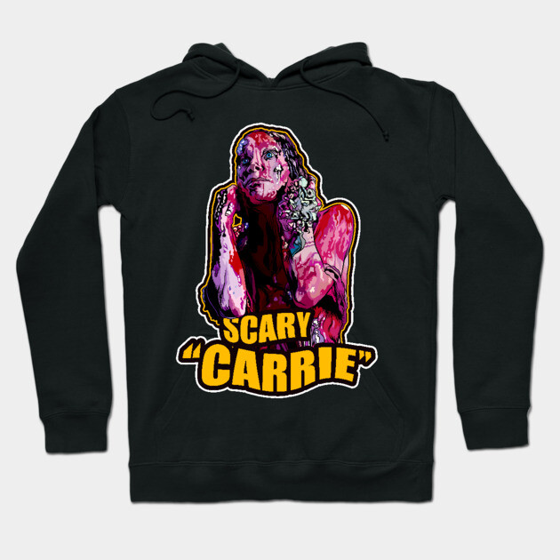 Black hoodie with colorful graphic design and "Scary Carrie" text, perfect for casual wear, made of soft cotton blend.