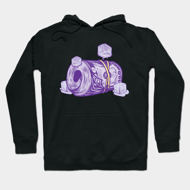 Black hoodie with a purple money roll graphic, casual style, perfect for everyday wear, soft cotton material.