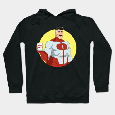 Black hoodie with superhero graphic, featuring red and white suit design, casual wear, cotton blend material.