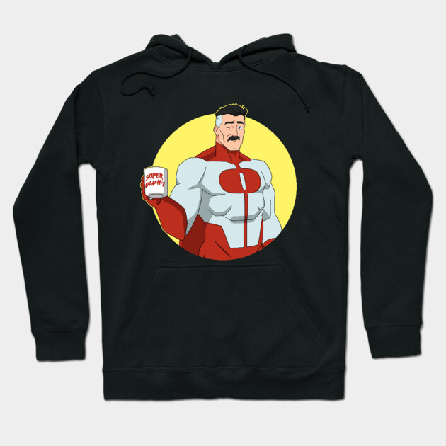 Black hoodie with superhero graphic, featuring red and white suit design, casual wear, cotton blend material.