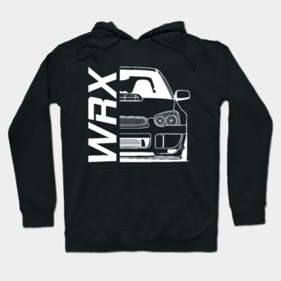 Black hoodie with white WRX car graphic design, perfect for automotive enthusiasts. Made from soft, comfortable material.