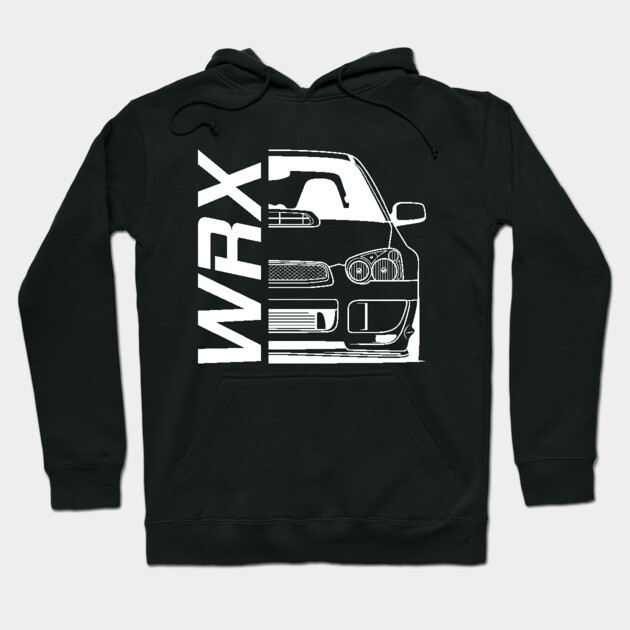 Black hoodie with white WRX car graphic design, perfect for automotive enthusiasts. Made from soft, comfortable material.