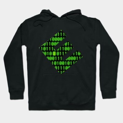 Black hoodie with green binary code design, featuring a tech-inspired pattern, perfect for casual wear.