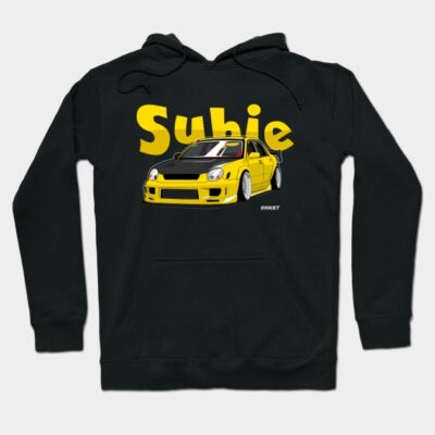 Black hoodie with yellow car graphic and "Subie" text, casual streetwear, cotton blend, perfect for car enthusiasts.