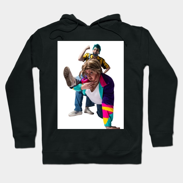 Black hoodie with vibrant retro design print, colorful jacket, and jeans. Casual style, perfect for everyday wear.