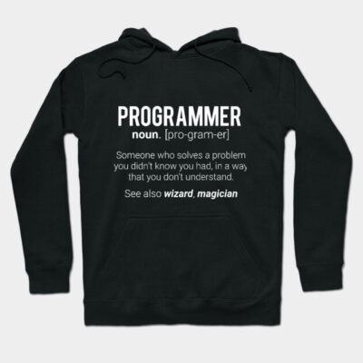 Black hoodie with "Programmer" definition text, casual style, cotton material, ideal for tech enthusiasts.