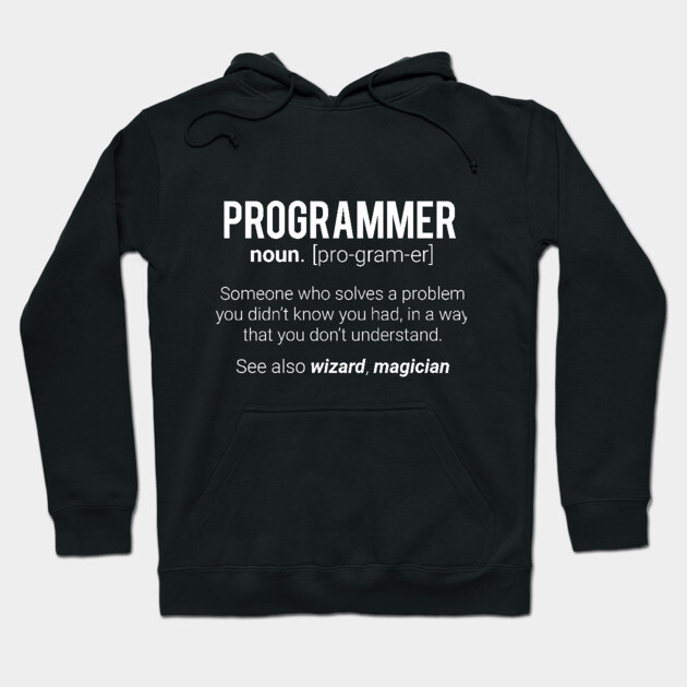 Black hoodie with "Programmer" definition text, casual style, cotton material, ideal for tech enthusiasts.