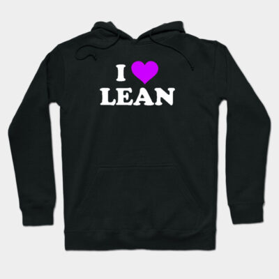 Black hoodie with "I Love Lean" text in white and pink heart, casual style, cotton material, front pocket design.