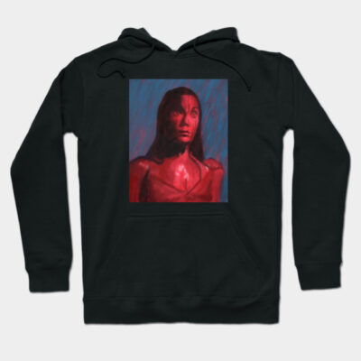 Black hoodie featuring abstract red and blue art print, cozy cotton blend, unisex design for casual wear.