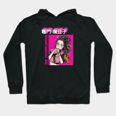 Black hoodie featuring vibrant anime graphic design, ideal for casual wear, made from soft cotton blend material.