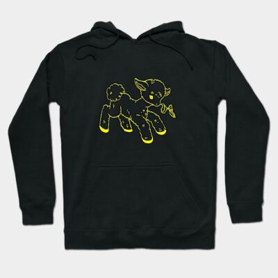 Black hoodie featuring a yellow lamb graphic, casual style, cozy cotton material, perfect for everyday wear.