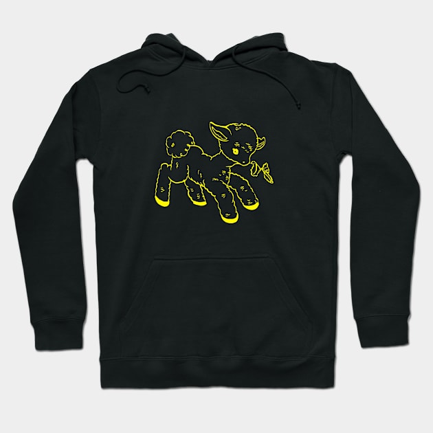 Black hoodie featuring a yellow lamb graphic, casual style, cozy cotton material, perfect for everyday wear.