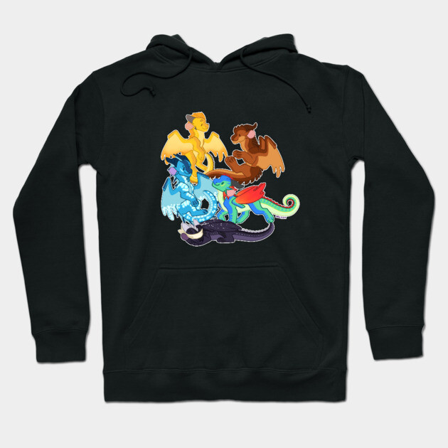 Black hoodie with colorful dragon illustration, unisex style, cotton blend, perfect for casual wear.