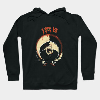 Black hoodie with spooky graphic and text "I See Ya," perfect for casual wear or Halloween. Cozy cotton material.