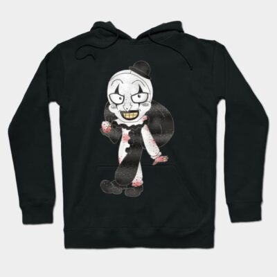Black graphic hoodie featuring a spooky clown illustration, perfect for casual wear and Halloween events.
