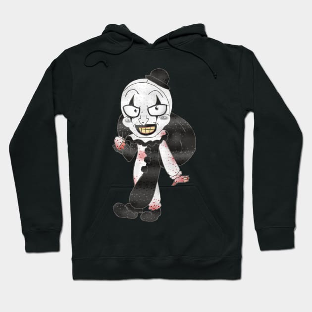 Black graphic hoodie featuring a spooky clown illustration, perfect for casual wear and Halloween events.