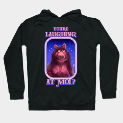 Black hoodie with humorous pink graphic and "You're Laughing at Moi?" text, casual wear, cotton blend material.