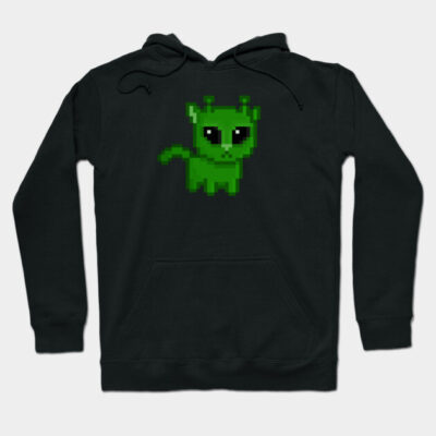 Black hoodie with green pixel art alien cat design, casual style, cotton blend, suitable for everyday wear.