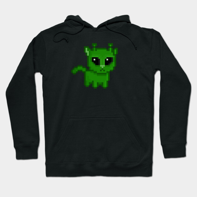Black hoodie with green pixel art alien cat design, casual style, cotton blend, suitable for everyday wear.